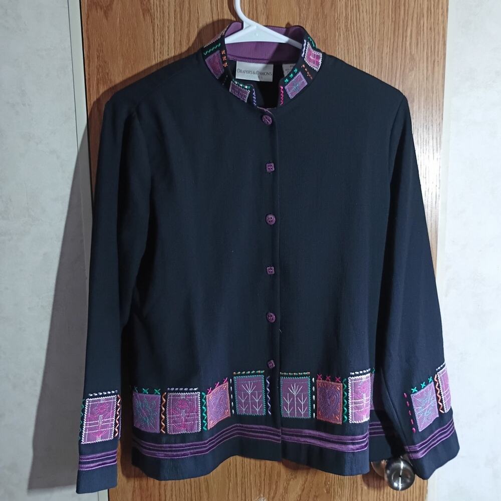 Black Embroidered Jacket Top Petite Small Boho Folk Artwear Purple Teal Drapers